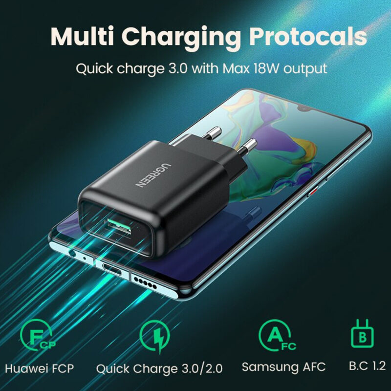 Carregador Rápido Ugreen Porta Usb A Turbo 18W Qc 3.0 Preto