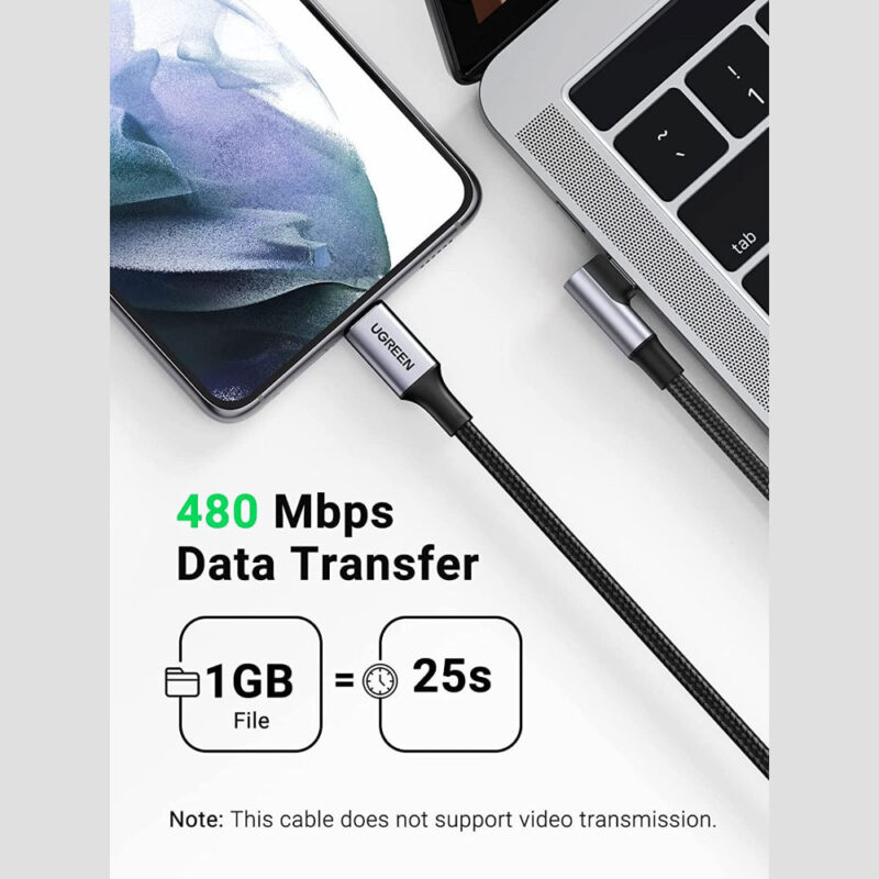 Ugreen USB-C 2.0 Male To Angled USB-C 2.0 Male 5A Data Cable(90°Angle) 1M 70643