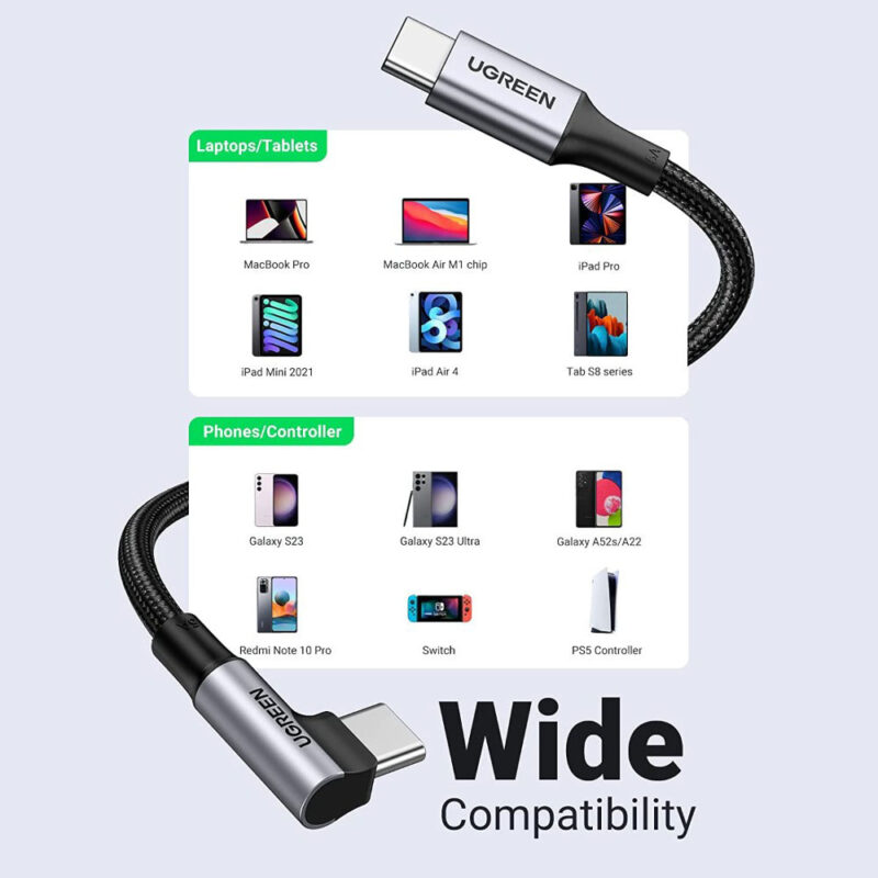 Ugreen USB-C 2.0 Male To Angled USB-C 2.0 Male 5A Data Cable(90°Angle) 1M 70643
