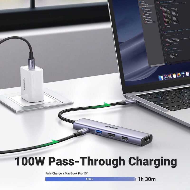 Ugreen USB-C To HDMI+1xUSB3.0 A+2xUSB2.0 A+PD Power Converter with PD HDMI 4K@30Hz 15495 CM478