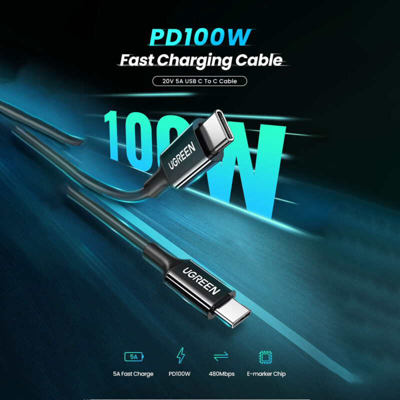 Ugreen Type C 2.0 Male To Type C 2.0 Male 5A Data Cable Black 1M 80371