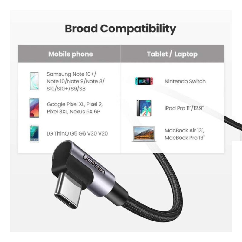 Ugreen Angled USB-C 2.0 Male To Angled USB-C 2.0 Male 3A Data Cable 2M 70531