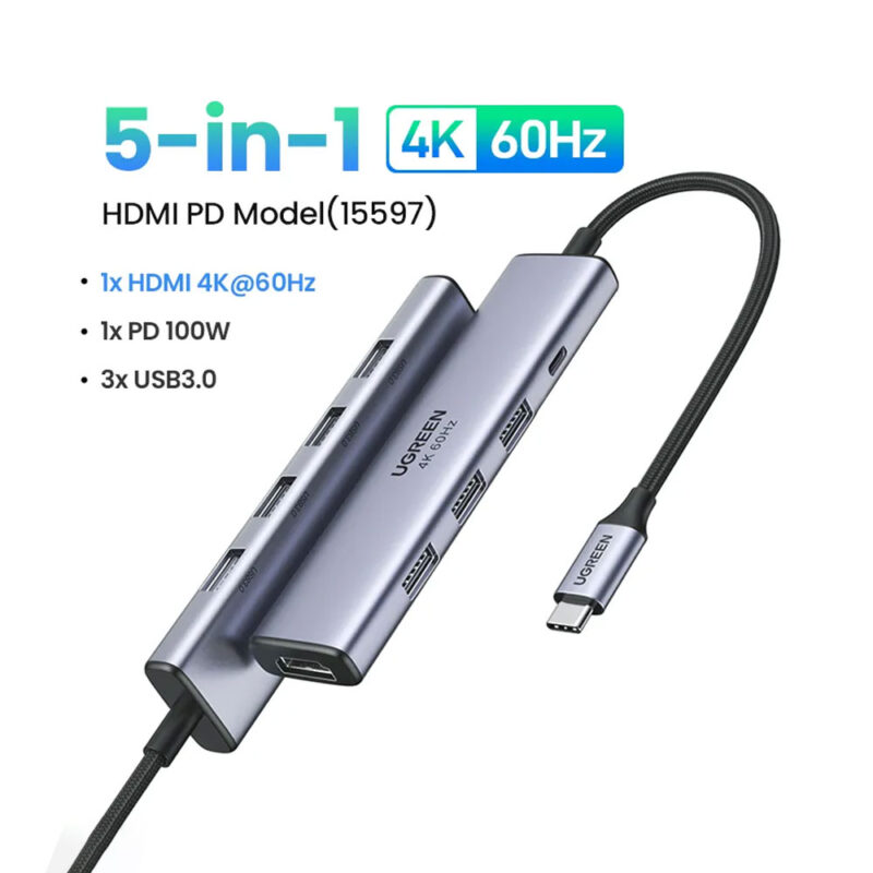 Hub Adaptador Ugreen 5in1 p/Usb C Hdmi 60Hz+100W Alimentação