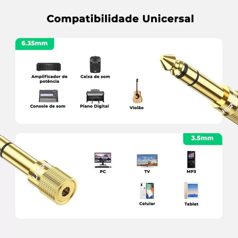 Adaptador Mini Jack Ugreen 6.5mm Macho para 3.5mm Fêmea Gold
