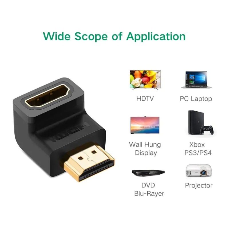 Adaptador de Vídeo Ugreen Hdmi Macho/Fêmea 90 Graus Preto