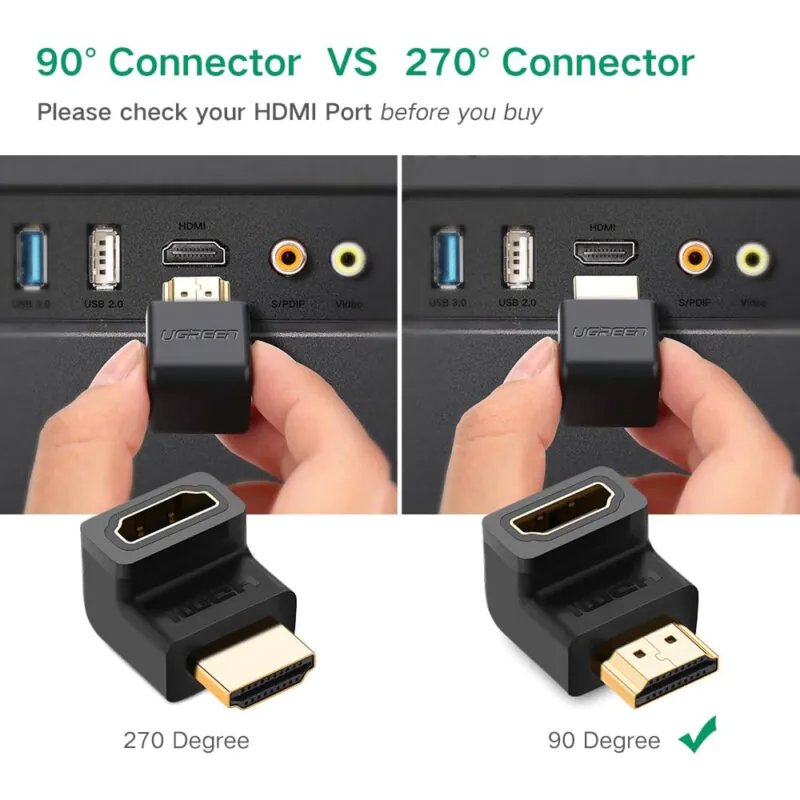 Adaptador de Vídeo Ugreen Hdmi Macho/Fêmea 90 Graus Preto