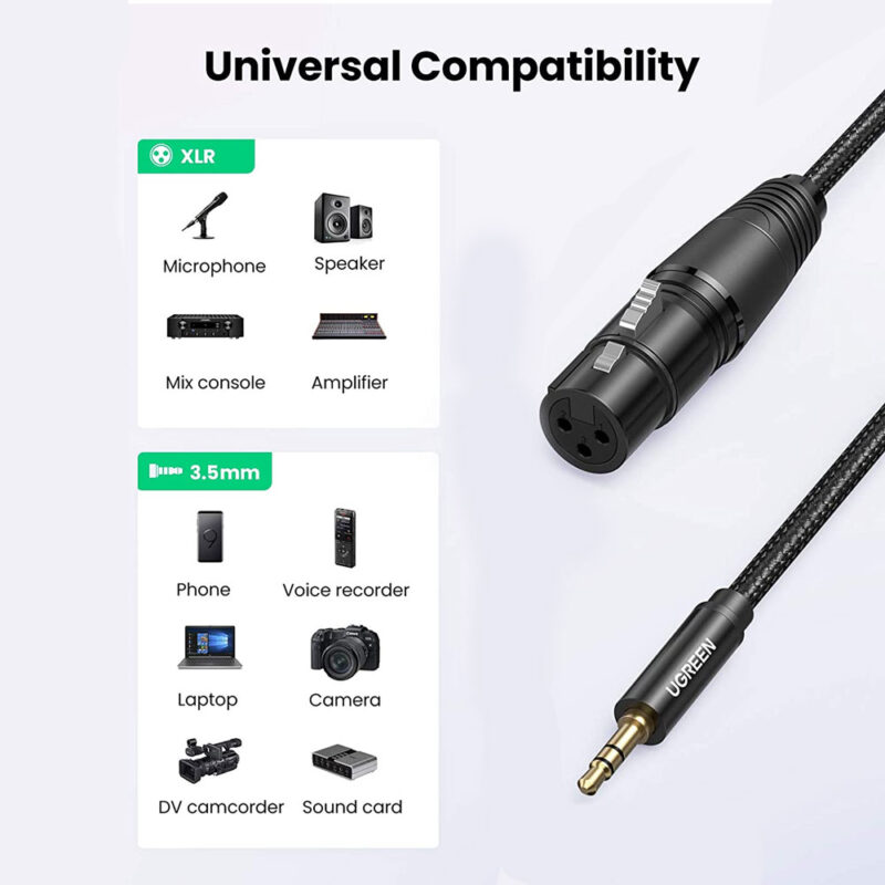 Cabo de Áudio Microfone Ugreen 3.5mm para Xlr Fêmea 1M Preto