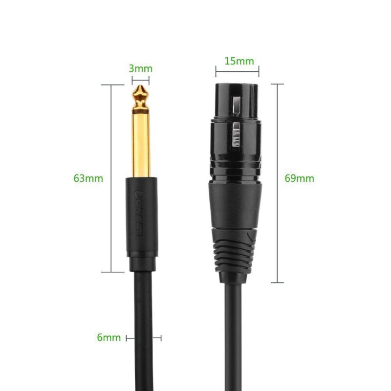 Cabo Áudio Microfone Ugreen 6.35mm Macho Xlr Fêmea 2M Preto