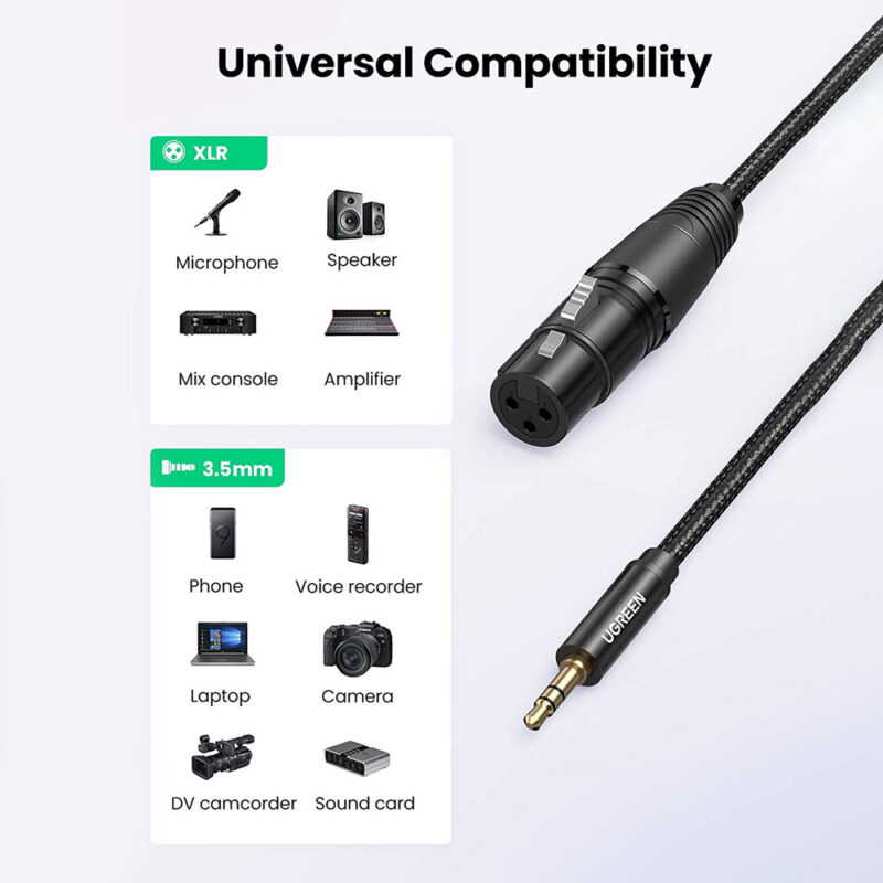Cabo de Áudio Microfone Ugreen 3.5mm para Xlr Fêmea 2M Preto