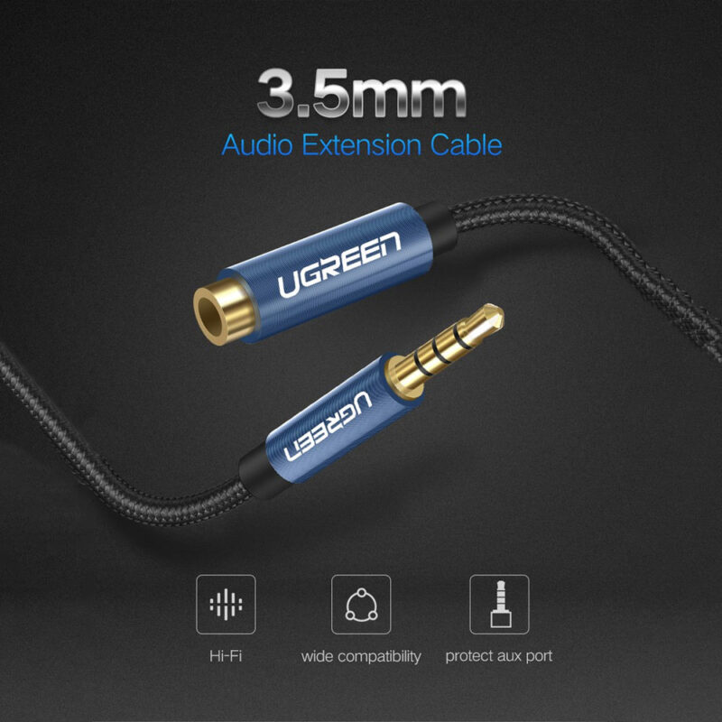 Cabo Extensor de Áudio Ugreen 3.5mm Macho/Fêmea 0.5M Preto