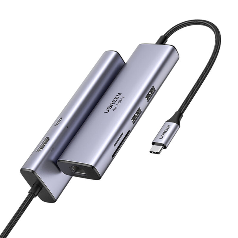Hub Adaptador Multiportas Ugreen 7 em 1 p/Usb-C 4k60Hz Preto