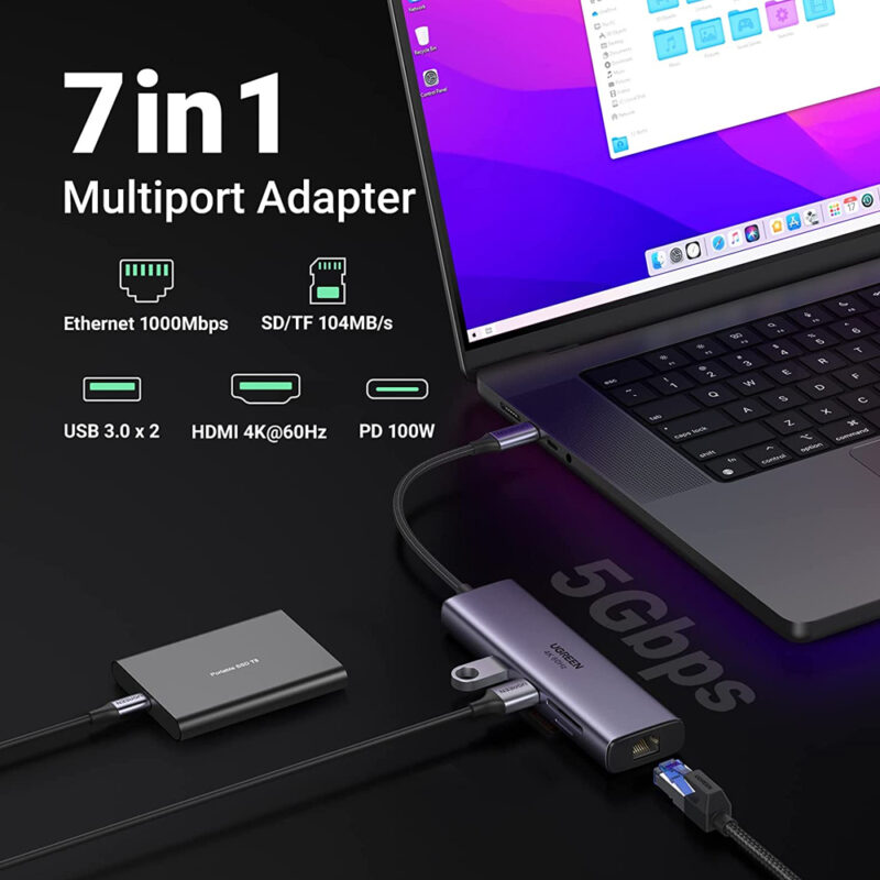 Hub Adaptador Multiportas Ugreen 7 em 1 p/Usb-C 4k60Hz Preto