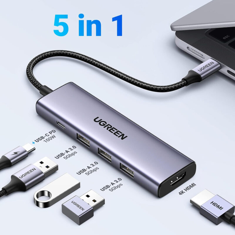 Hub Adaptador Ugreen 5In1 P/Usb C Hdmi + 100W Power Delivery