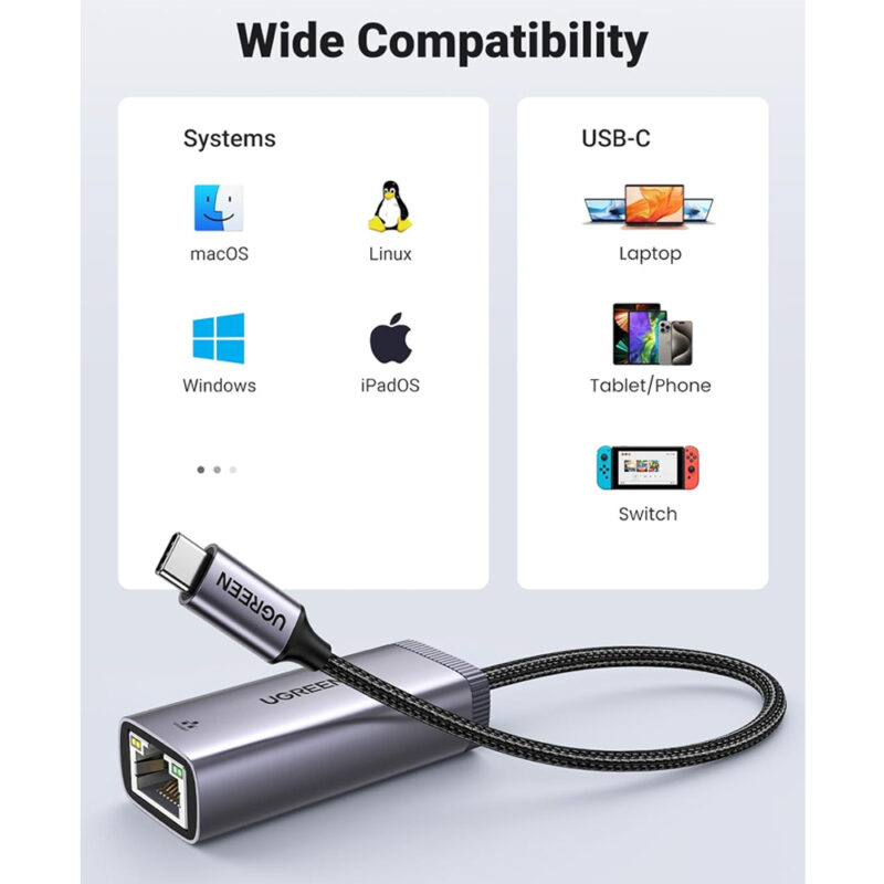 Adaptador Rede Internet Ugreen Usb C p/Rj45 Ethernet Cinza