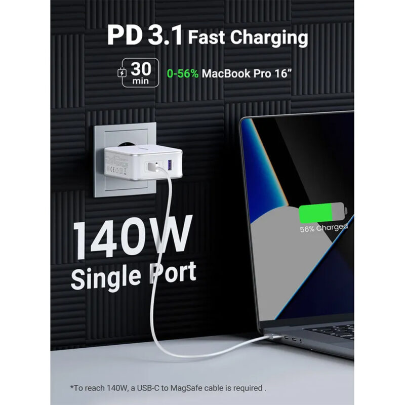 Carregador Ugreen Usb A/C 140W GaN Tech+Cabo Usb C 2M Branco