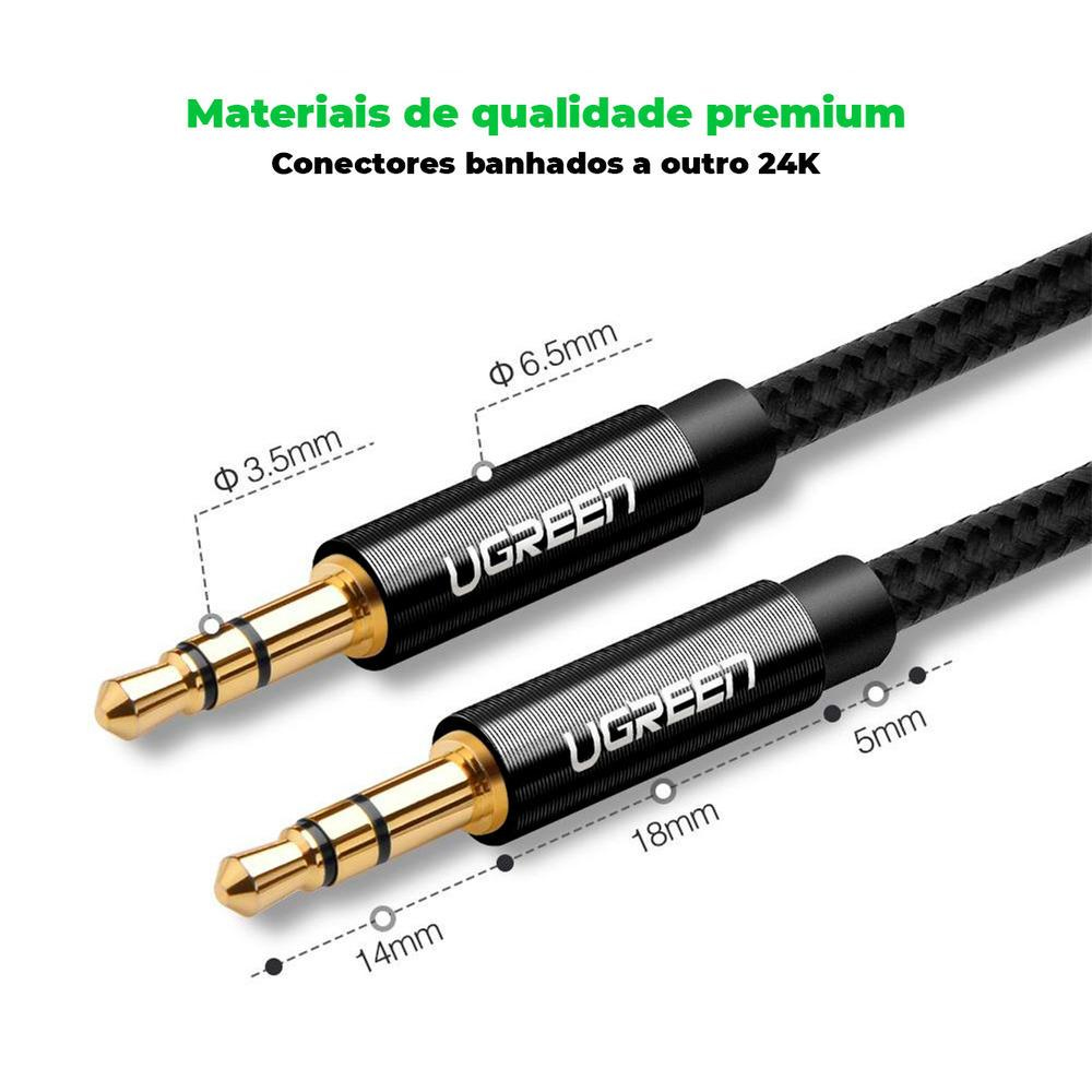 Cabo de Áudio Ugreen 3.5mm Macho/Macho 2 Metros Preto