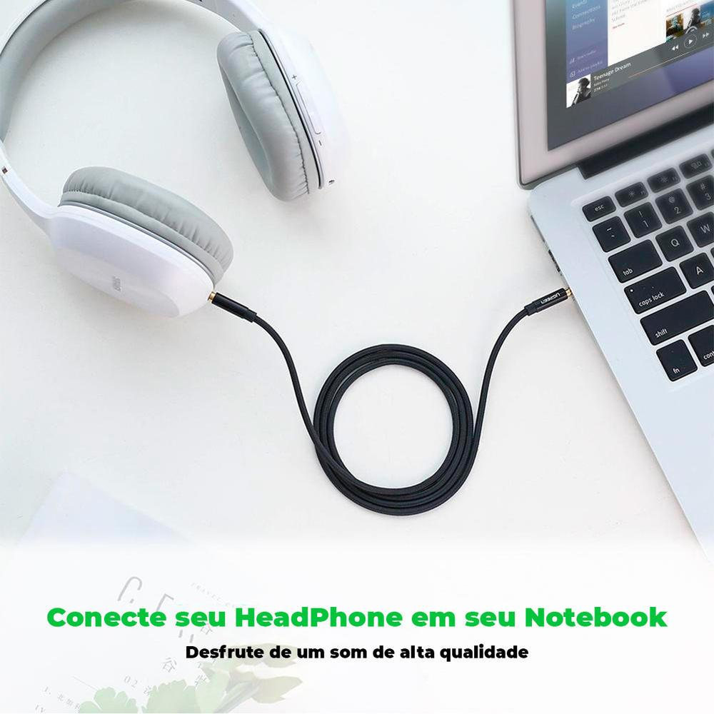 Cabo de Áudio Ugreen 3.5mm Macho/Macho 2 Metros Preto