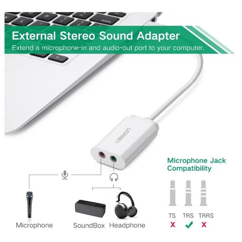 Adaptador de Áudio Externo Ugreen 2 em 1 Usb 2.0 Branco