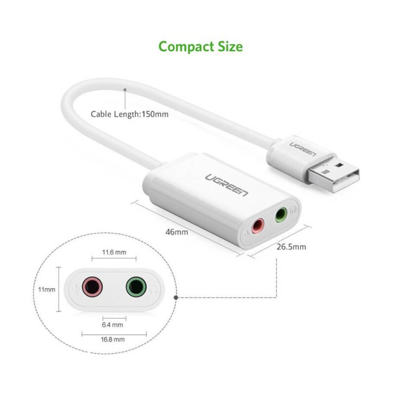 Adaptador de Áudio Externo Ugreen 2 em 1 Usb 2.0 Branco