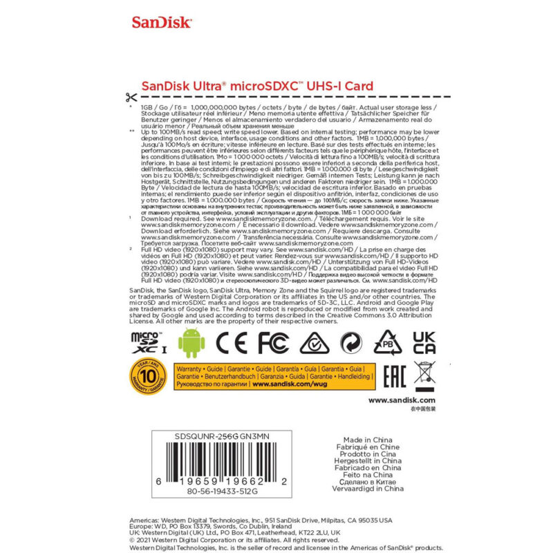 Cartão Memória MicroSd Sandisk 256gb Micro Sd Ultra 100Mbs