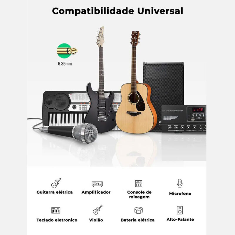 Cabo de Áudio Ugreen 6.35mm Macho p/Guitarra Violão 2M Preto