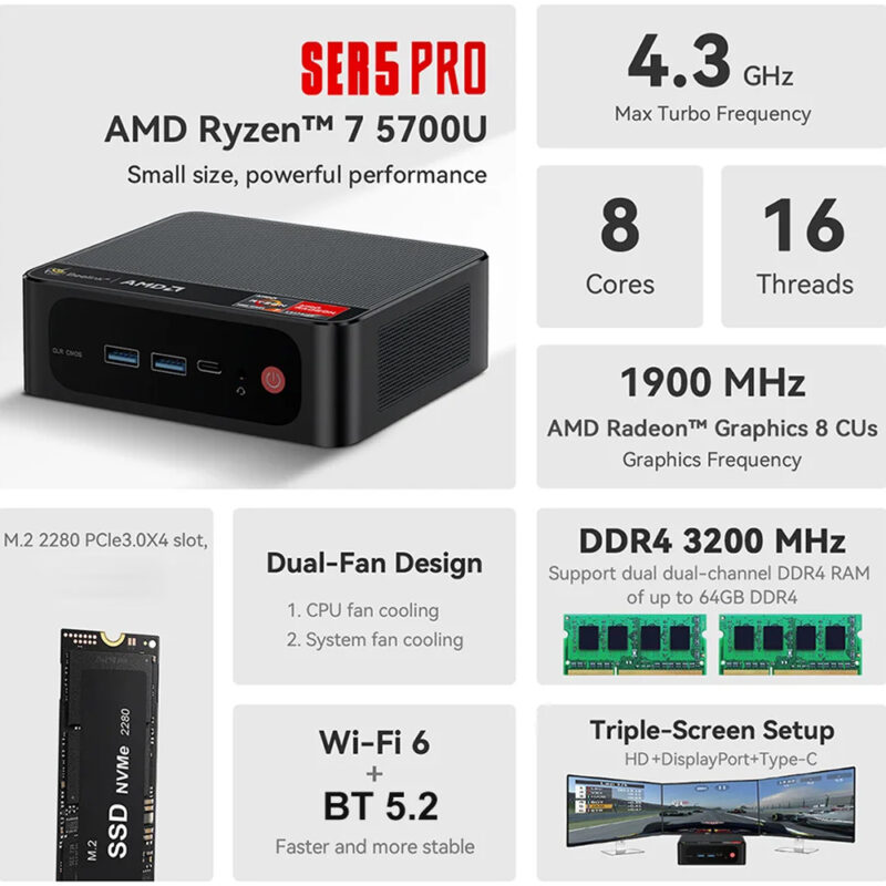 Mini Pc Beelink Ser5 Pro 1Tb 32gb Ram Ryzen 7 5700U 220V