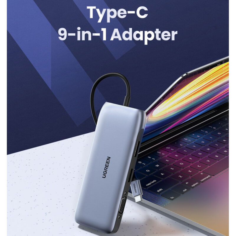 Hub Adaptador Ugreen 9 em 1 p/Usb-C 1080P + Porta Dp Cinza