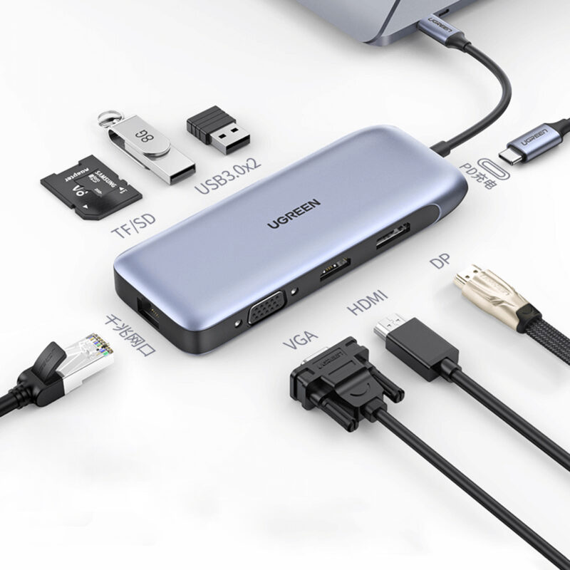 Hub Adaptador Ugreen 9 em 1 p/Usb-C 1080P + Porta Dp Cinza