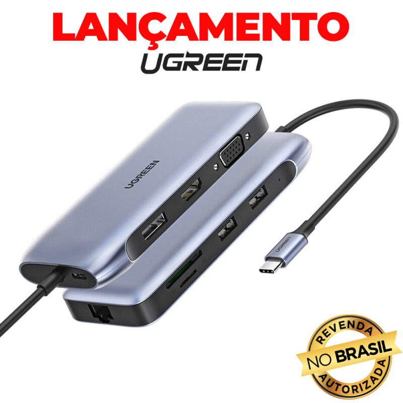 Hub Adaptador Ugreen 9 em 1 p/Usb-C 1080P + Porta Dp Cinza