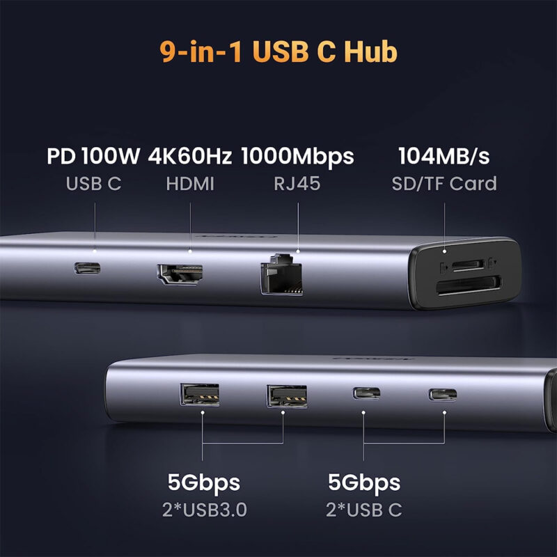 Hub Adaptador Ugreen 9 em 1 p/Usb-C 4k-60Hz + Porta Dp Cinza