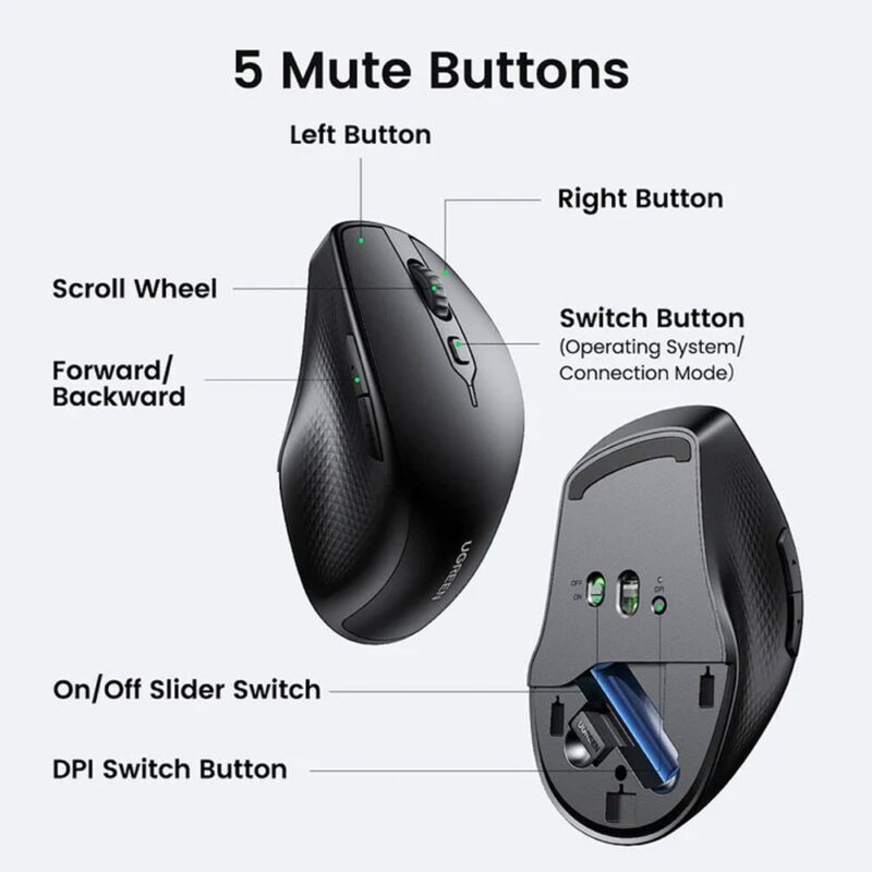 Mouse Bluetooth Sem Fio Ugreen Sensor 4000dpi 2,4G Preto
