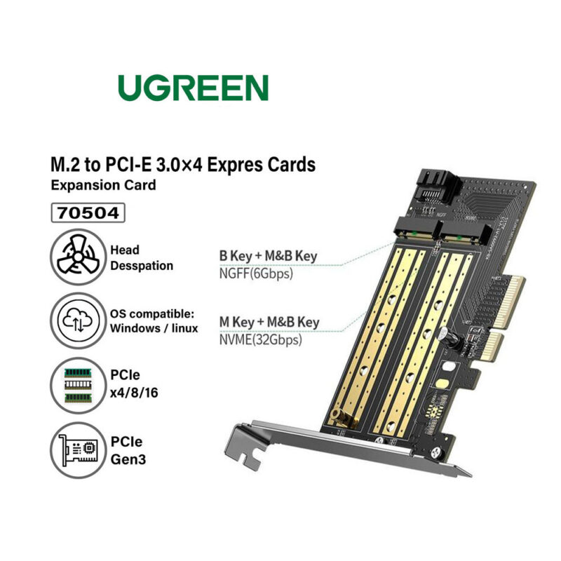 Placa Ugreen M.2 M Key + M.2 B Key p/Pcie 3.0 x 4 Preto