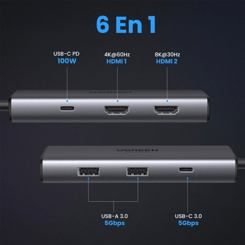 Hub Adaptador Ugreen  6 em 1 p/ Usb C + PD 8K-30Hz Cinza