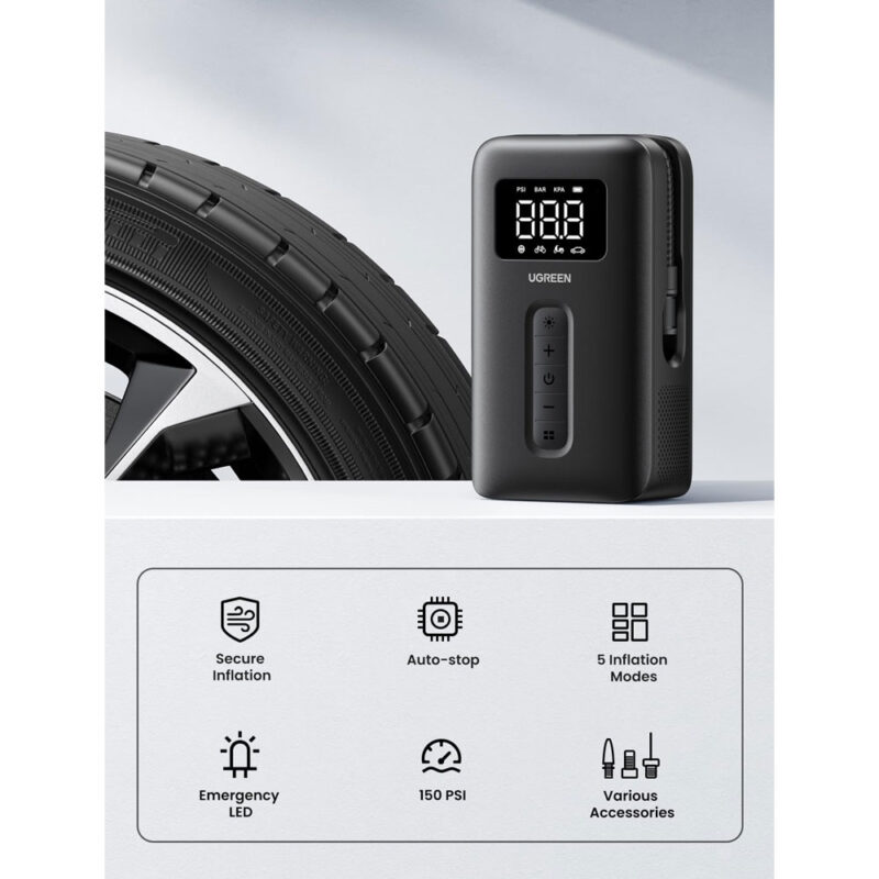 Compressor Ar Portátil Ugreen Tire Inflador Pneus Preto
