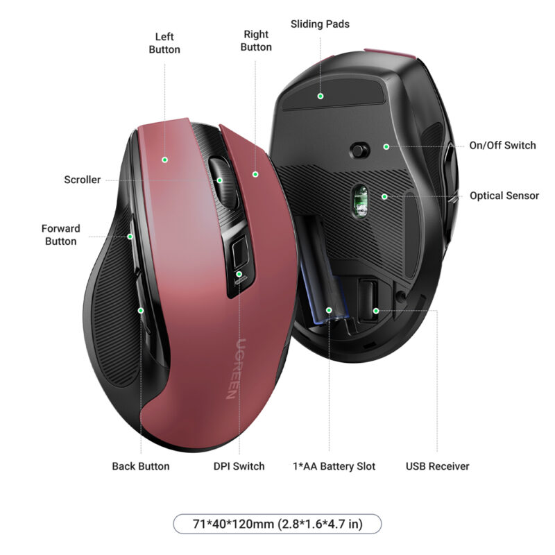 Mouse Sem Fio Ugreen Mu006 Sensor 4000Dpi 2,4G Vermelho