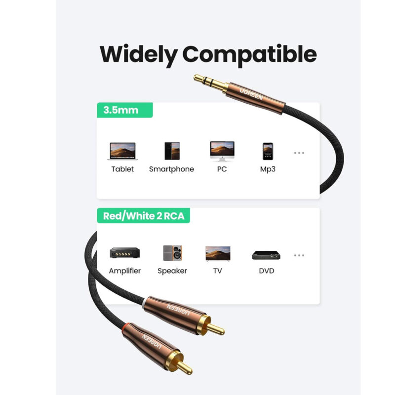 Cabo de Áudio Ugreen 3.5mm p/2 Rca Macho 2 Metro Preto