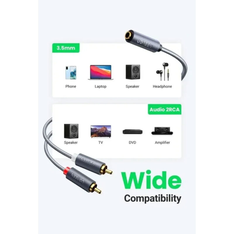 Cabo de Áudio Ugreen 3.5mm Fêmea p/2Rca Macho 1M Preto