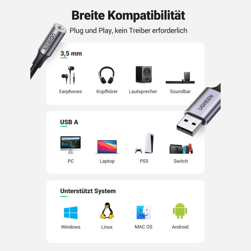 Adaptador Áudio Ugreen Usb A Macho p/3.5mm Fêmea Preto
