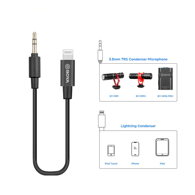 Cabo Adaptador Áudio Boya By-k1 3.5mm p/Lightning Preto