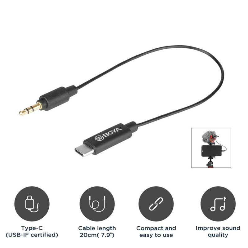 Cabo Adaptador Áudio Boya By-k2 UsbC p/3.5mm Macho Preto