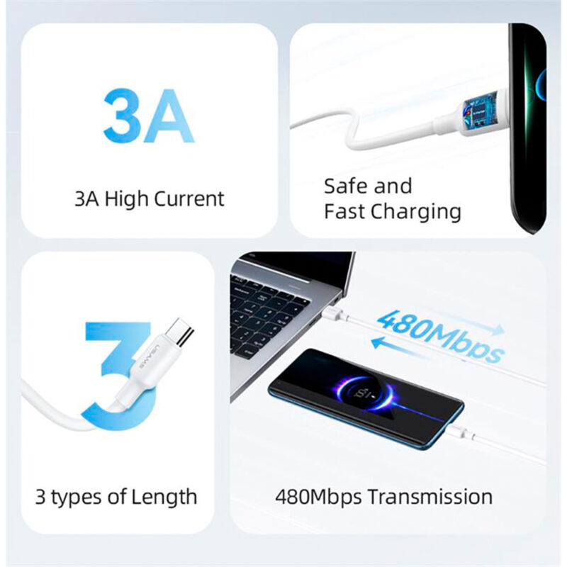 Cabo Usb Usams Tipo A pra Tipo C Máx. 3A 3 Metros Branco