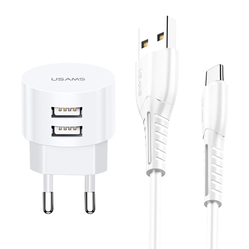 Carregador Usams 2x Porta Usb A + Cabo Usb A/C Branco