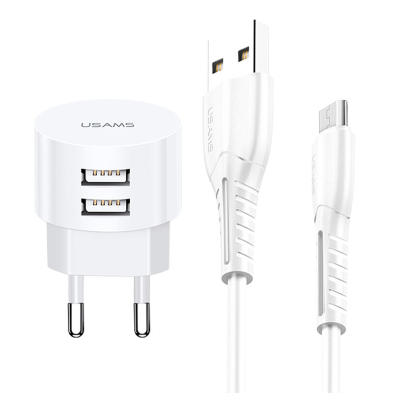 Carregador Usams 2xPorta Usb A + Cabo Usb Micro/A Branco