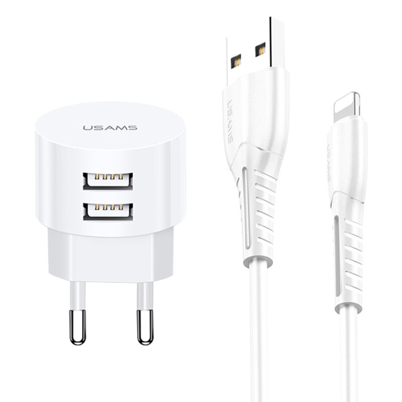 Carregador Usams Porta Usb A+Cabo Usb A/Lightning Branco