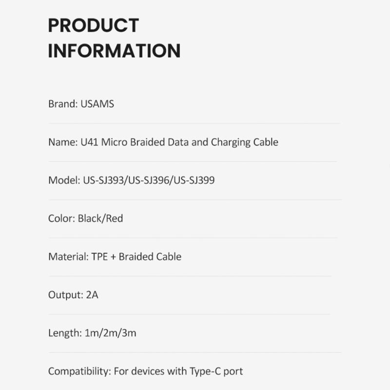 Cabo Usb Usams Micro Usb pra Usb A Máx 2A 3 Metros Preto
