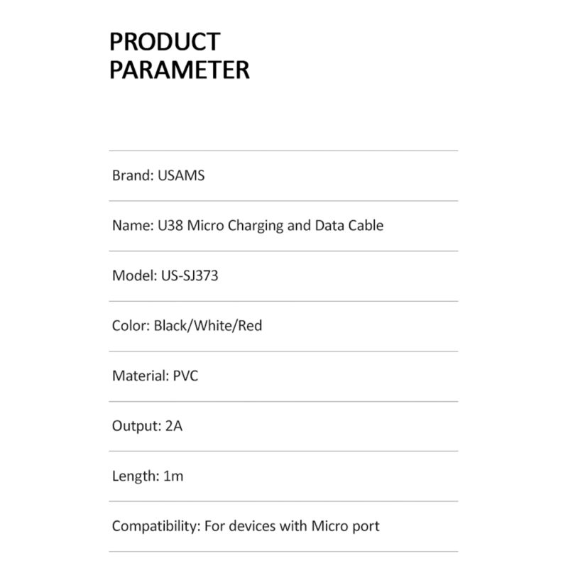 Cabo Usb Usams Usb A pra Micro Usb Máx. 2A 1 Metro Preto