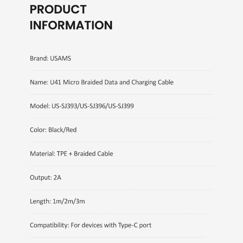 Cabo Usb Usams Usb A pra Micro Usb Máx. 2A 1Metro Preto