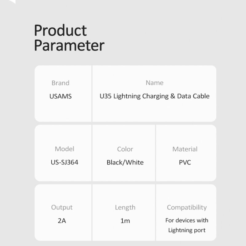 Cabo Usb Usams Usb A pra Lightning Máx. 2A 1Metro Branco