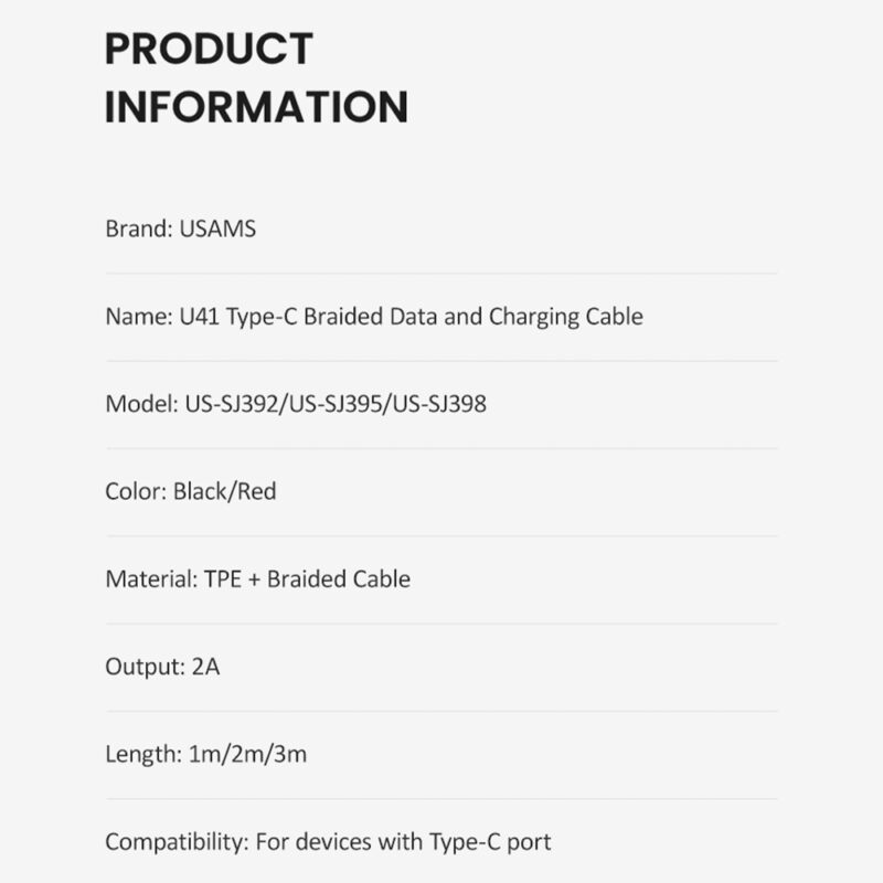 Cabo Usb Usams Usb A para Tipo-C Máx. 2A 1 Metro Preto