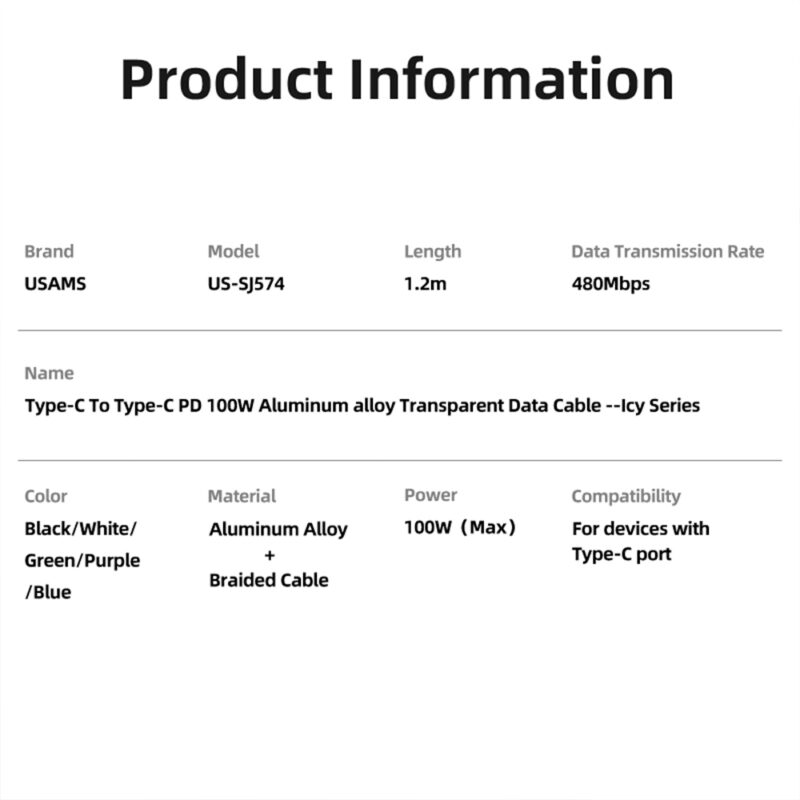 Cabo Usb Usams Usb C pra Usb C Pd 100W 1.2 Metros Verde